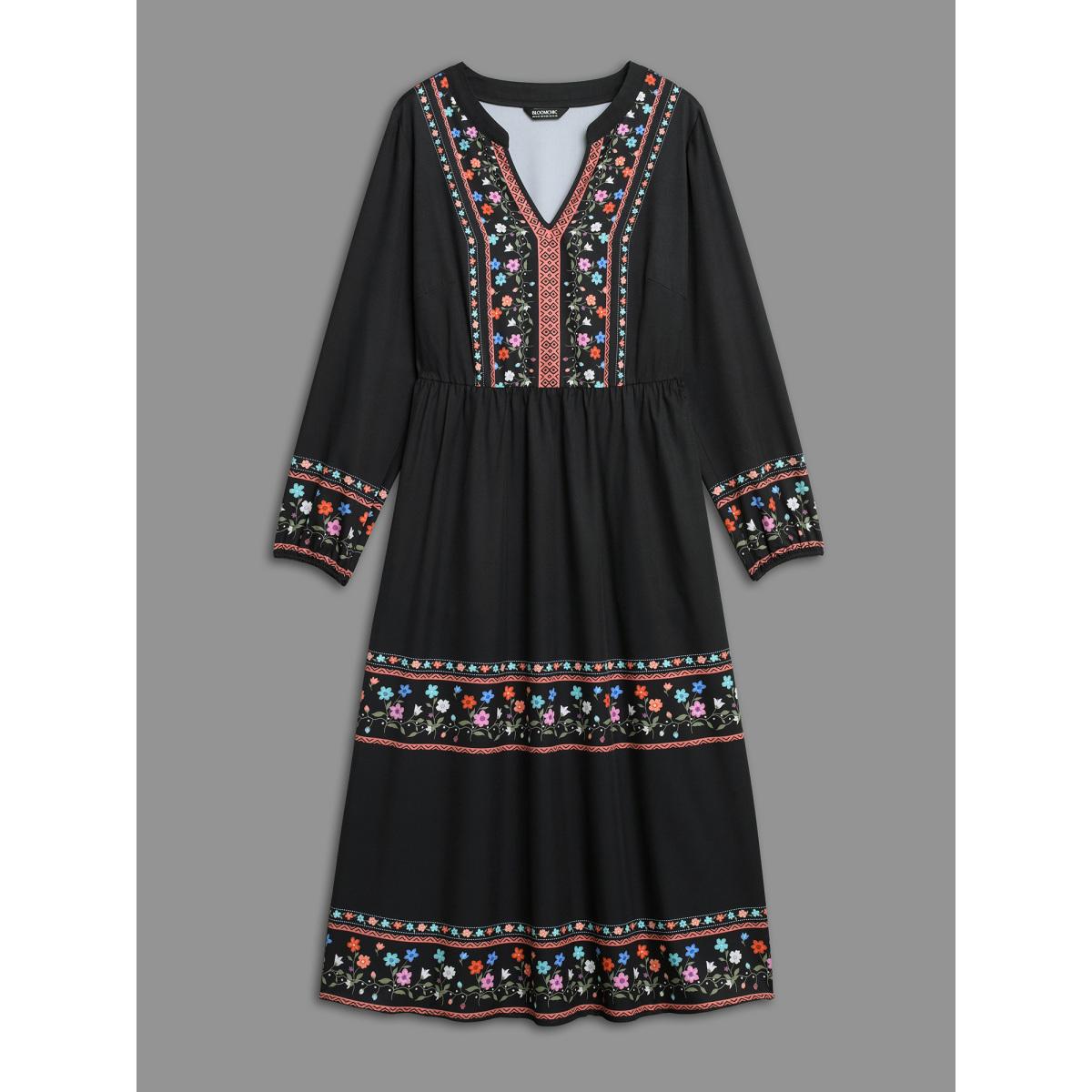 Plus Size Notched Collar Boho Print Midi Dress Black Women Resort Non Notched collar Long Sleeve Curvy BloomChic 14-16/1X Product Image