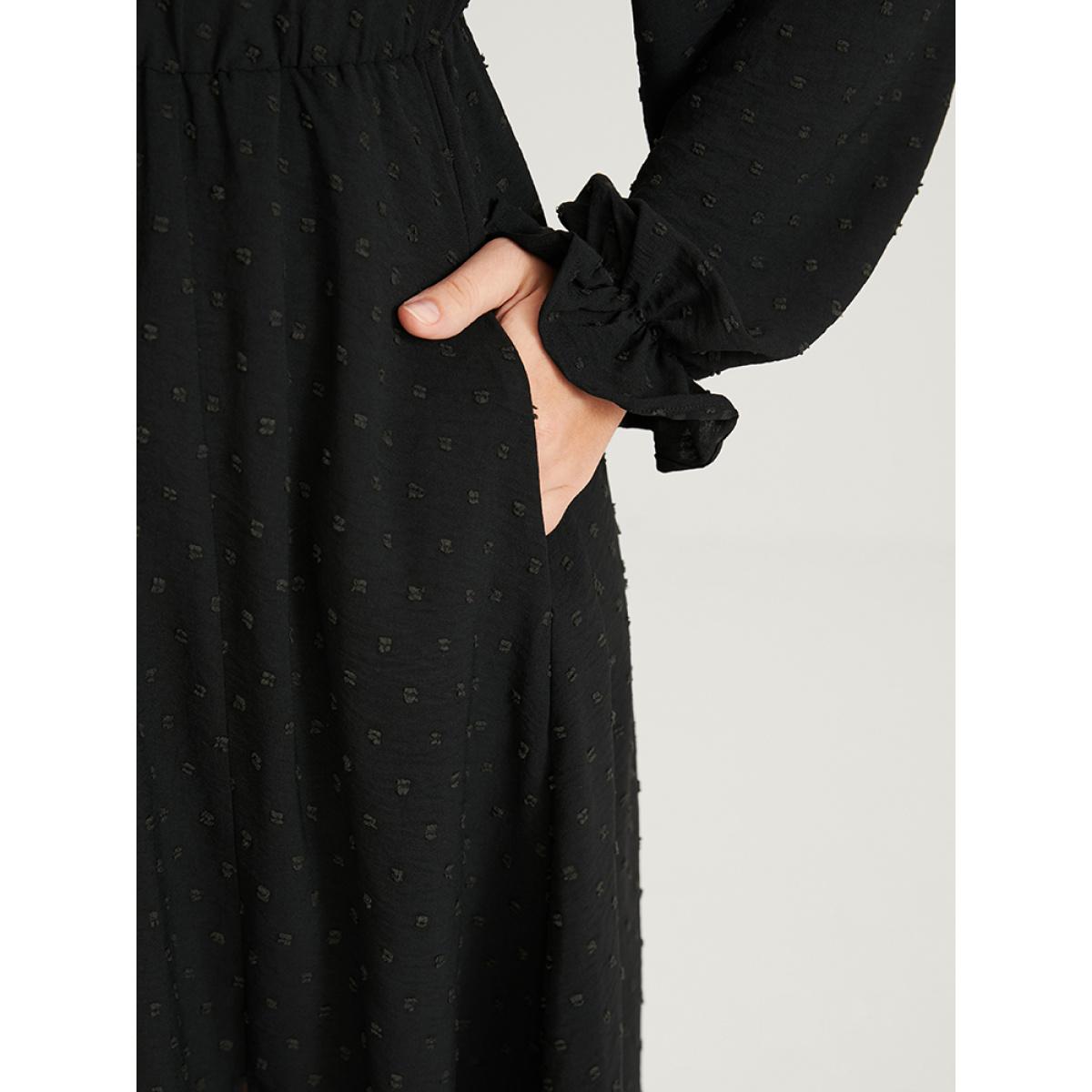 Plus Size Solid Pocket Button Lantern Sleeve Lace Trim Split Maxi Dress Black Women Elegant Gathered V-neck Long Sleeve Curvy Long Dress BloomChic 30/6X Product Image