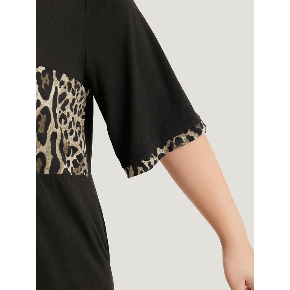 Plus Size Supersoft Essentials Leopard Print Patchwork Pocket V Neck Dress Black Women Casual Plain V-neck Short sleeve Curvy Midi Dress BloomChic 14-16/1X Product Image