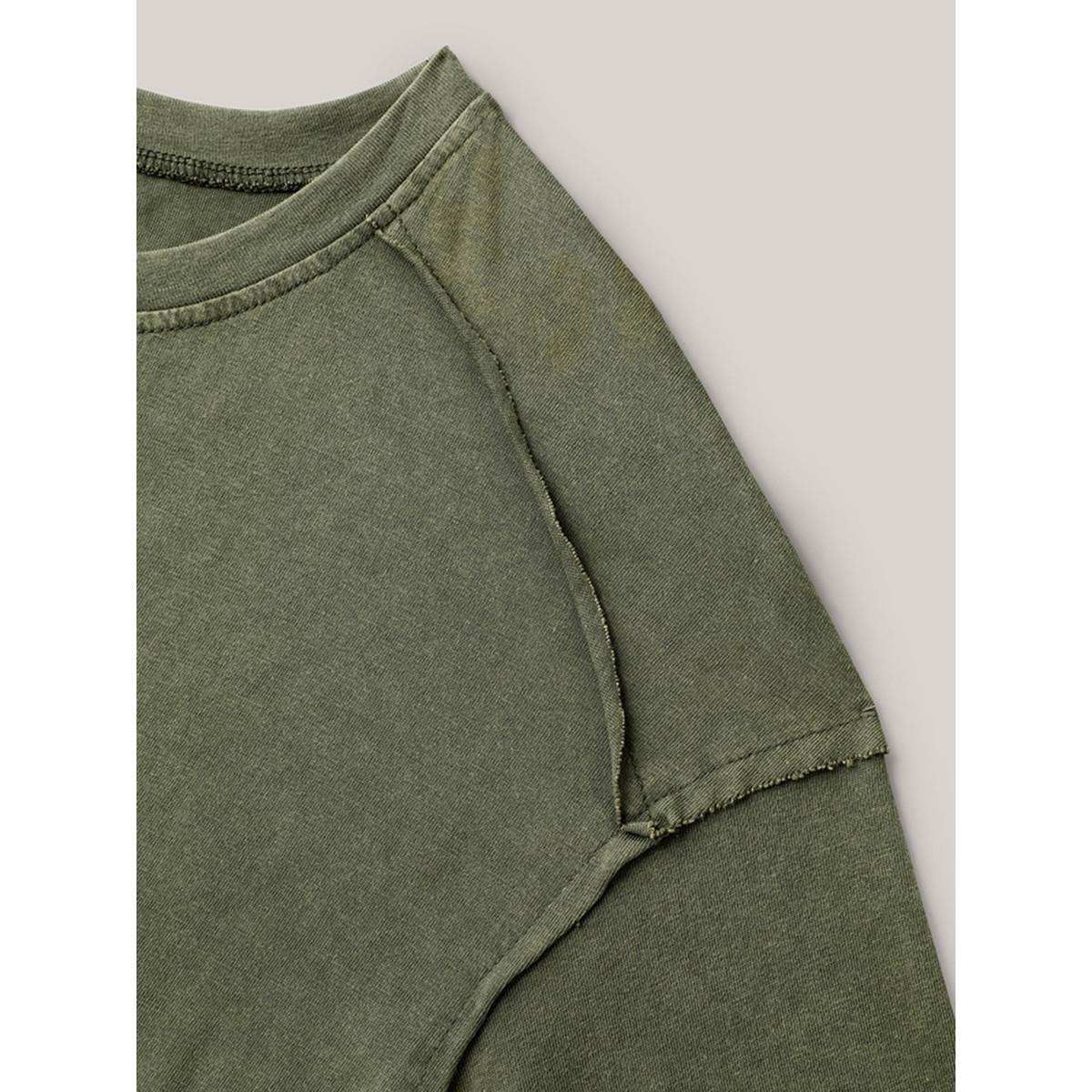 Plus Size Cotton Vintage Frayed Hem Crew Neck T-Shirt ArmyGreen Women Leisure Tucked seam Round Neck Casual T-shirts BloomChic 18-20/2X Product Image