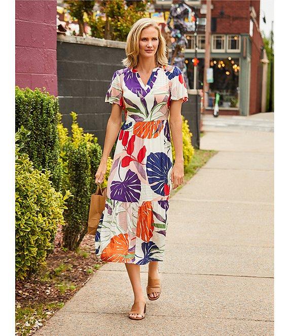 Nurture Leaf Print Short Flutter Sleeve V-Neck A-Line Maxi Dress Product Image