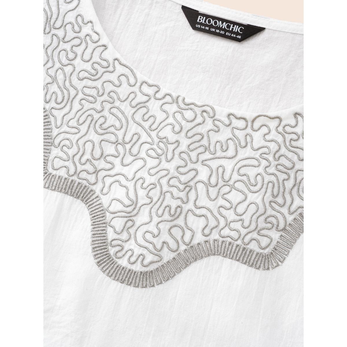 Plus Size WhiteSmoke Crew Neck Floral Embroidered Gathered Blouse Women Elegant Elbow-length sleeve Round Neck Everyday Blouses BloomChic 18-20/2X Product Image