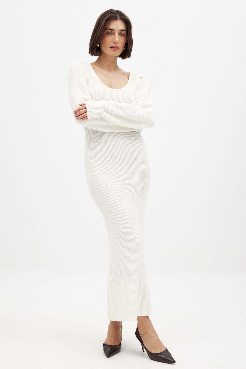 Knitted Scoop Neck Puff Sleeve Dress Product Image