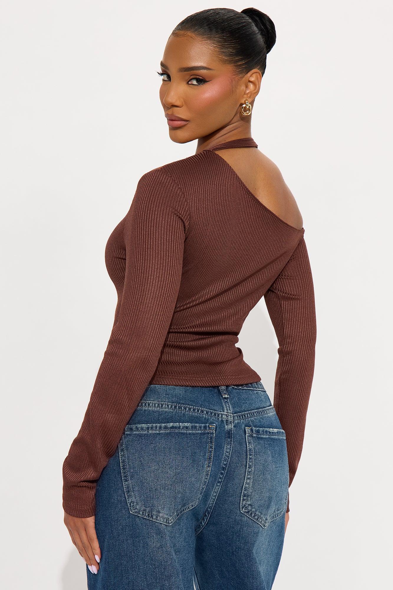 Individual Charm Ribbed Long Sleeve Top - Brown Female Product Image