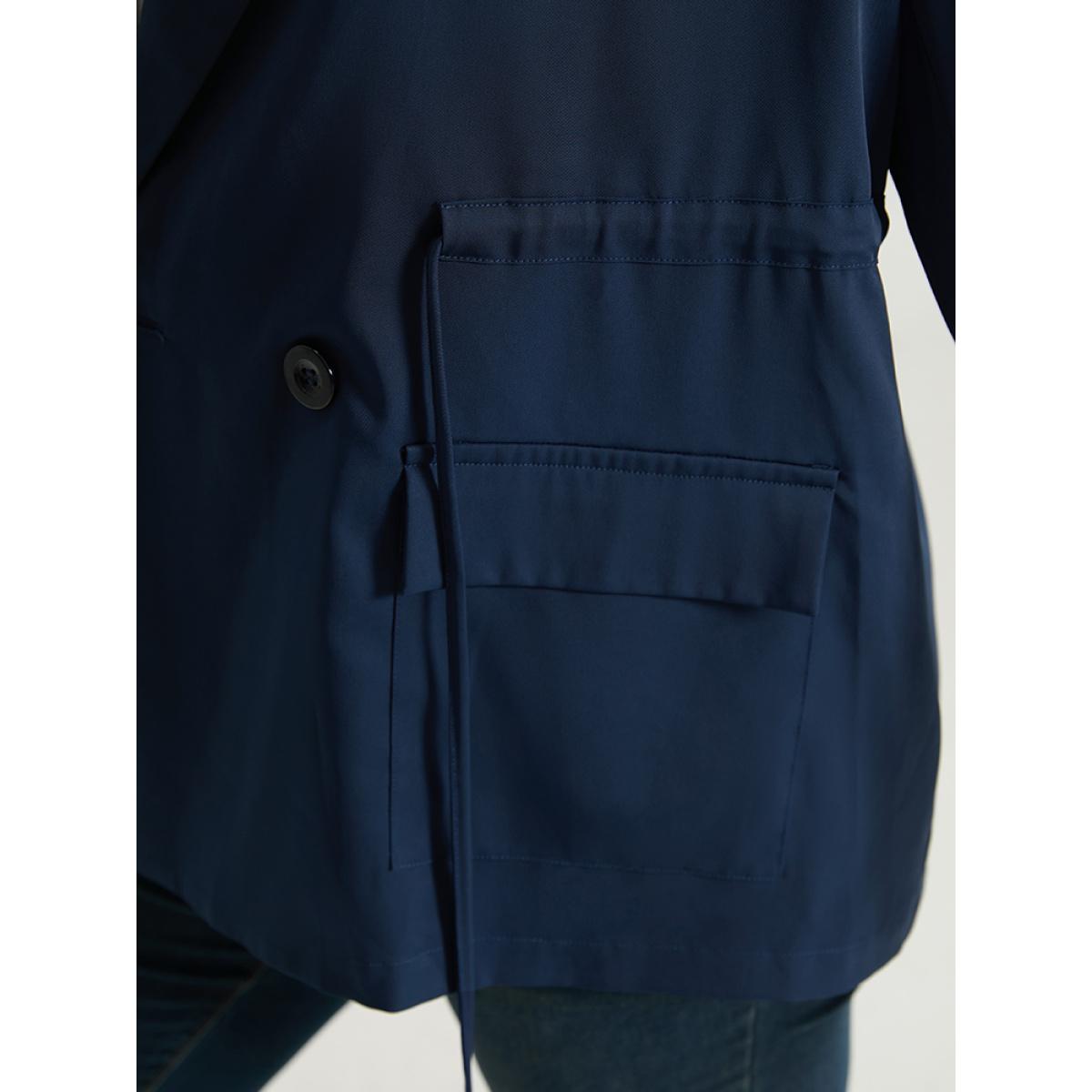 Plus Size Button Up Drawstring Pocket Blazer Indigo Women Office Plain Plain Sleeve Long Sleeve Lapel Collar 26/4X Pocket At the Office Blazers BloomChic Product Image