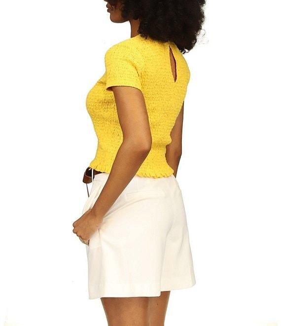 Michael Kors Smocked Crew Neckline Cap Sleeve Cropped Tee Shirt Product Image