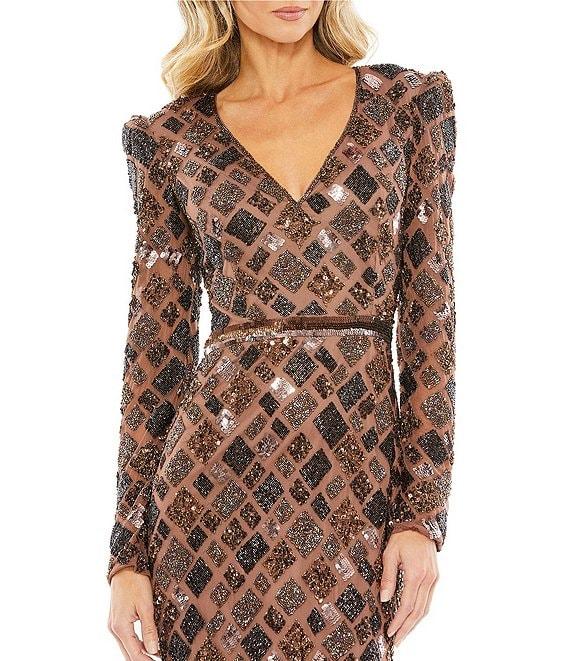 Mac Duggal V-Neck Long Sleeve Beaded Printed Back Slit Midi Sheath Midi Dress Product Image