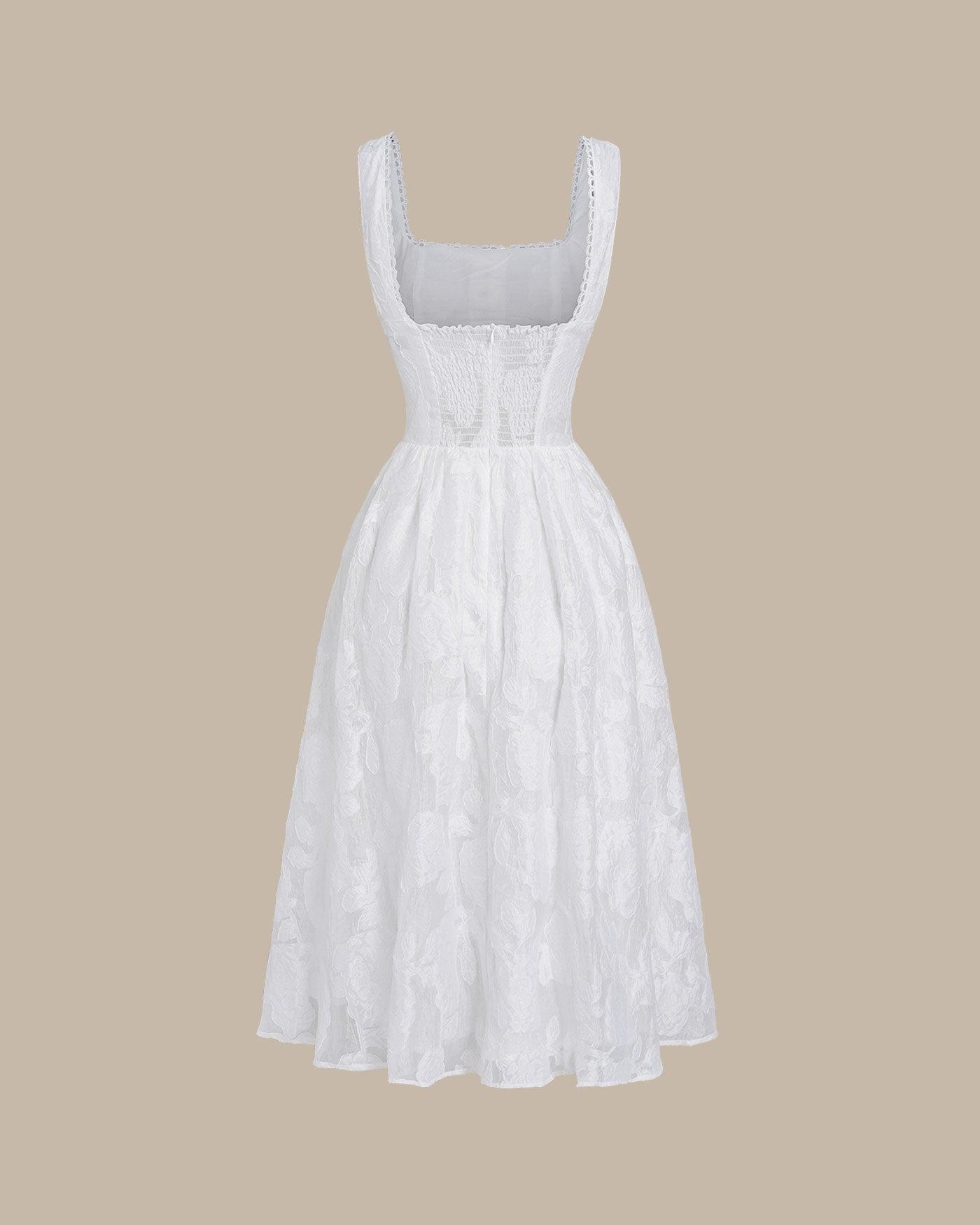 White Jacquard Shirred Slip Midi Dress Product Image