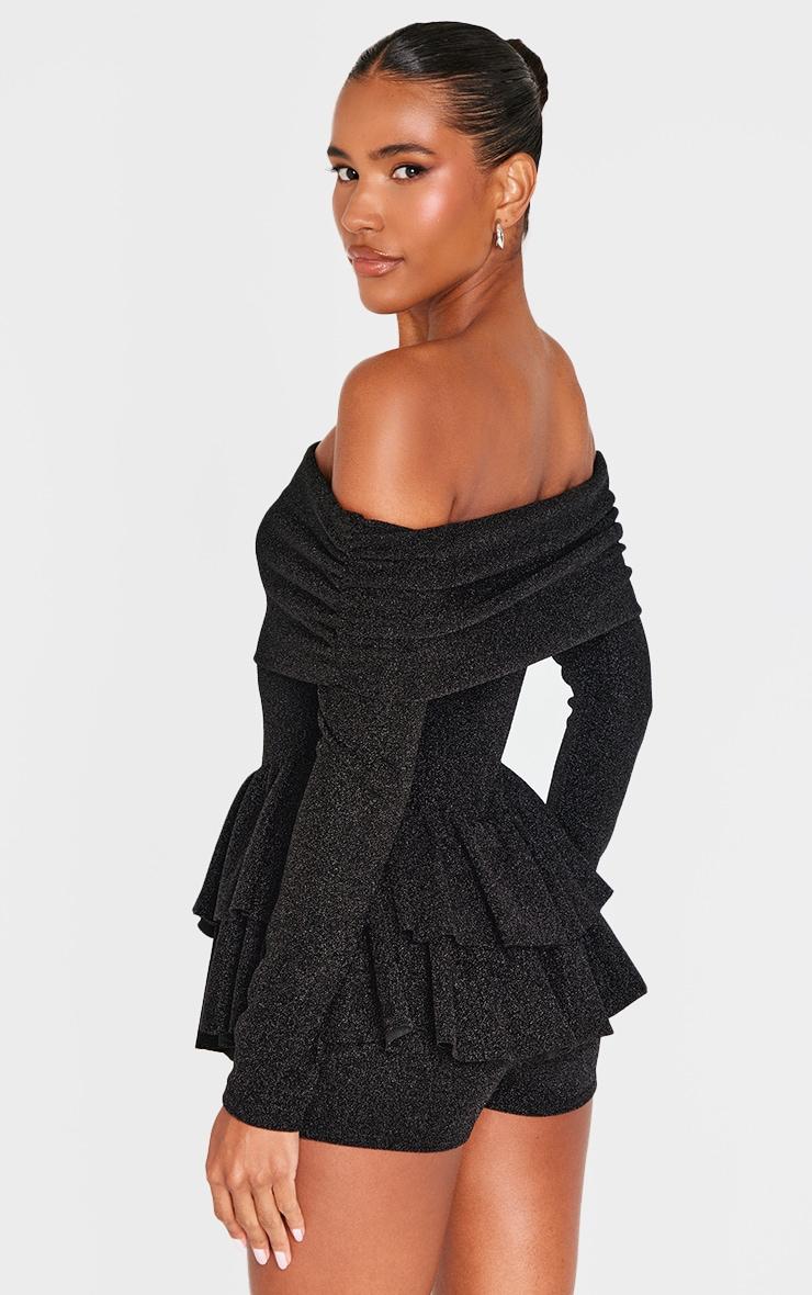 Black Glitter Bardot Long Sleeve Rara Romper Product Image