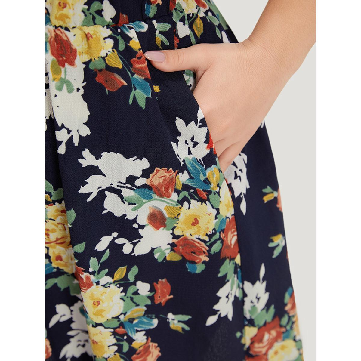 Plus Size Pixel Flower Print Ruffle Cap Sleeve Pocket Dress DarkBlue Women Elegant Elastic Waist V-neck Cap Sleeve Curvy Knee Dress BloomChic 10/M Product Image