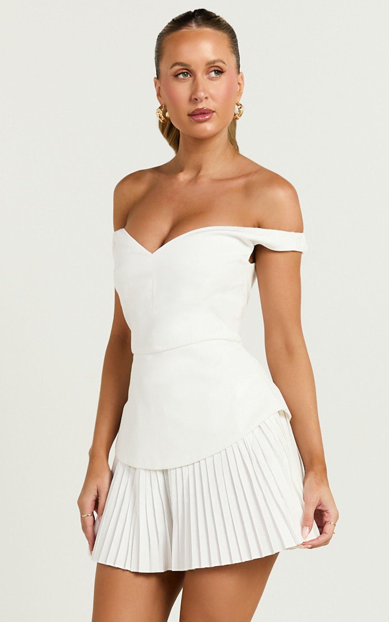 Izara Mini Dress - Off Shoulder Pleated Dress in Off White Product Image
