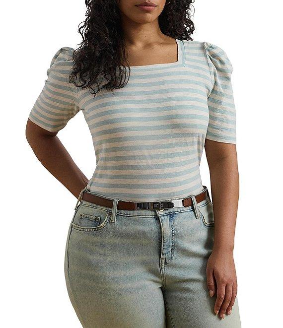 Lauren Ralph Lauren Plus Size Cotton Jersey Striped Square Neck Short Puff Sleeve Top Product Image