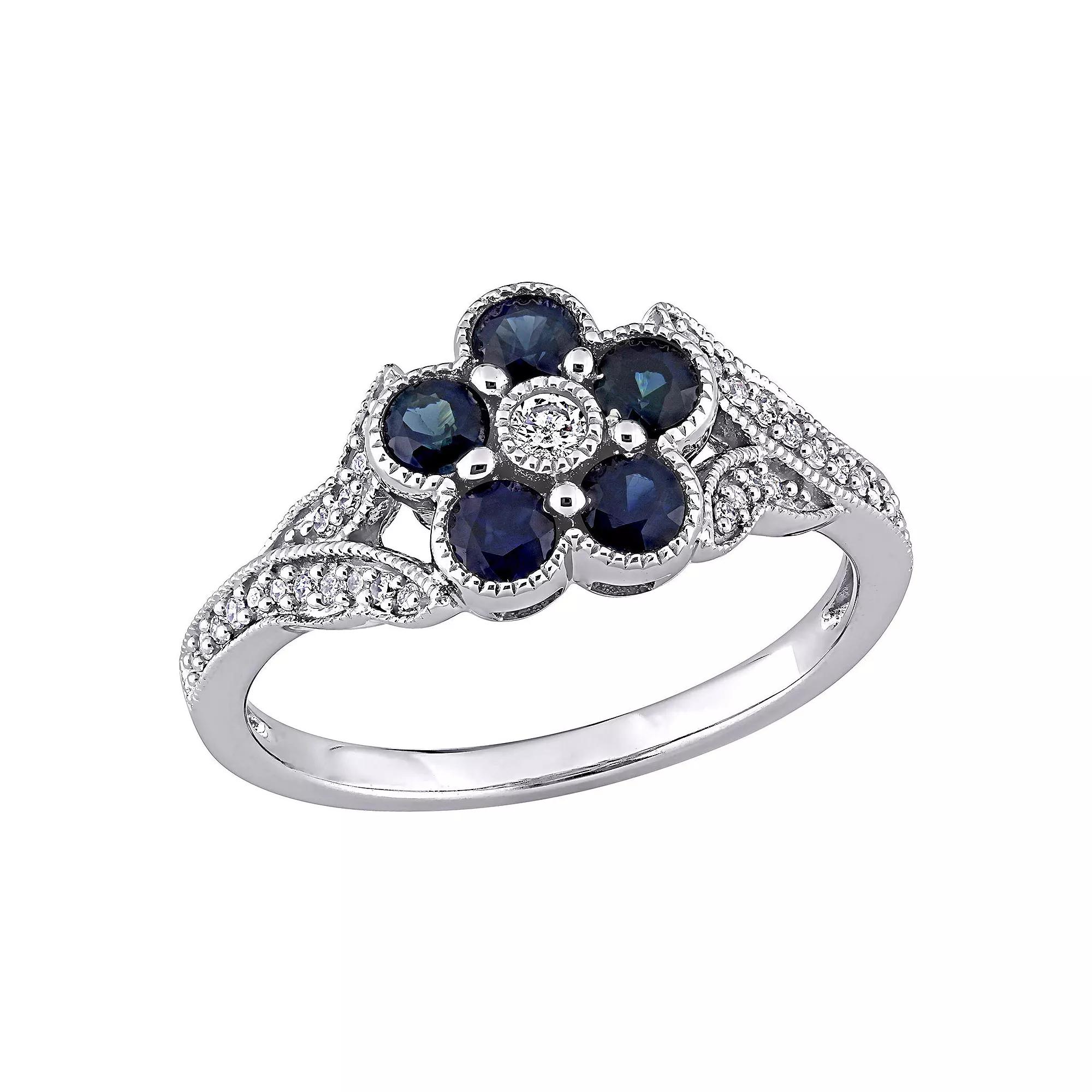 Stella Grace 10K White Gold Sapphire & 1/6 Carat T.W. Diamond Flower Ring, Women's, Size: 4.50, 14k Whgold Product Image