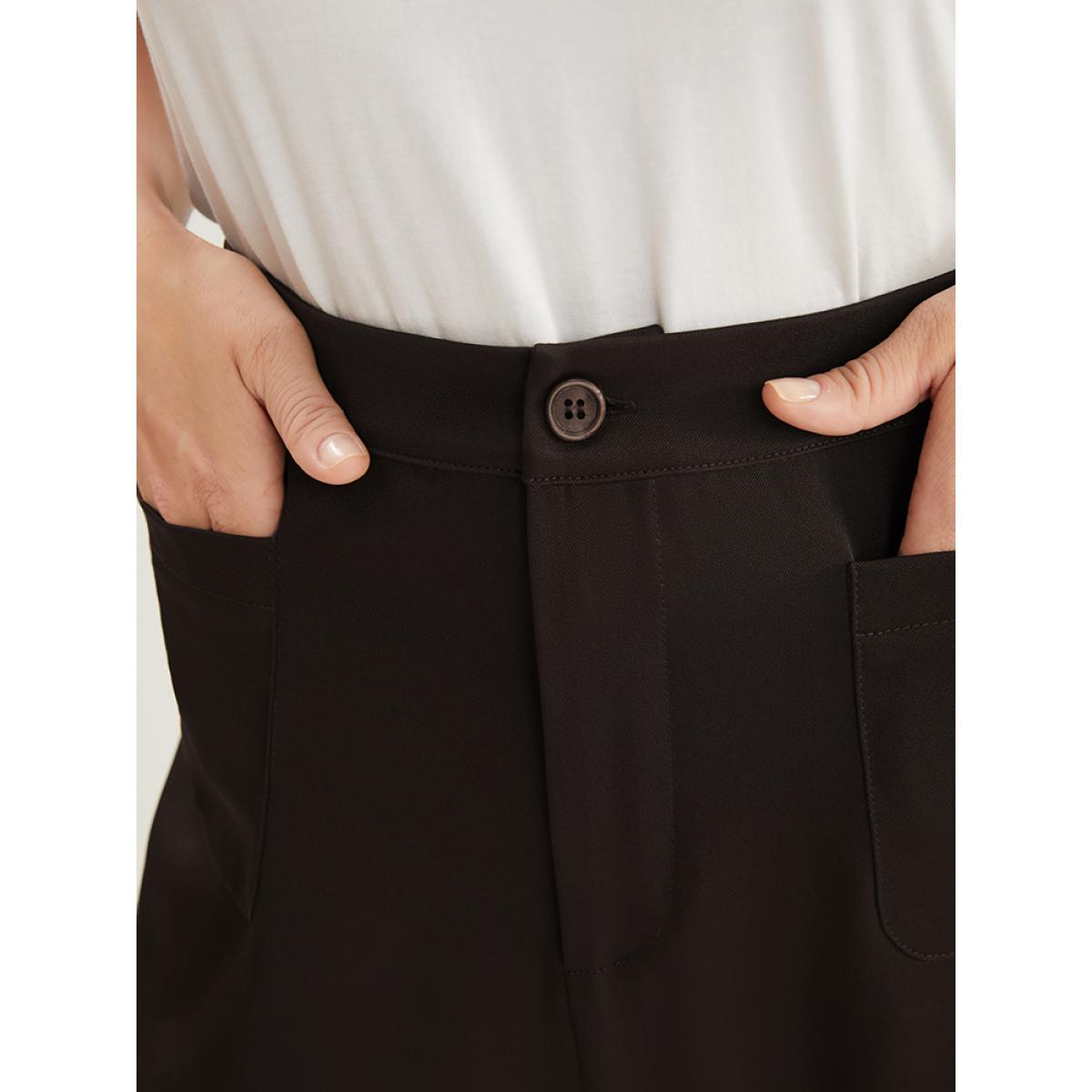 Plus Size Plain Pocket Front Wide Leg High Rise Pants Women DarkBrown Office Wide Leg High Rise Work Pants BloomChic 30/6X Product Image