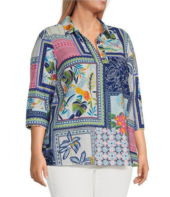 Foxcroft Plus Size Julia Wrinkle-Free Printed Y-Neck 3/4 Sleeve Tunic Product Image