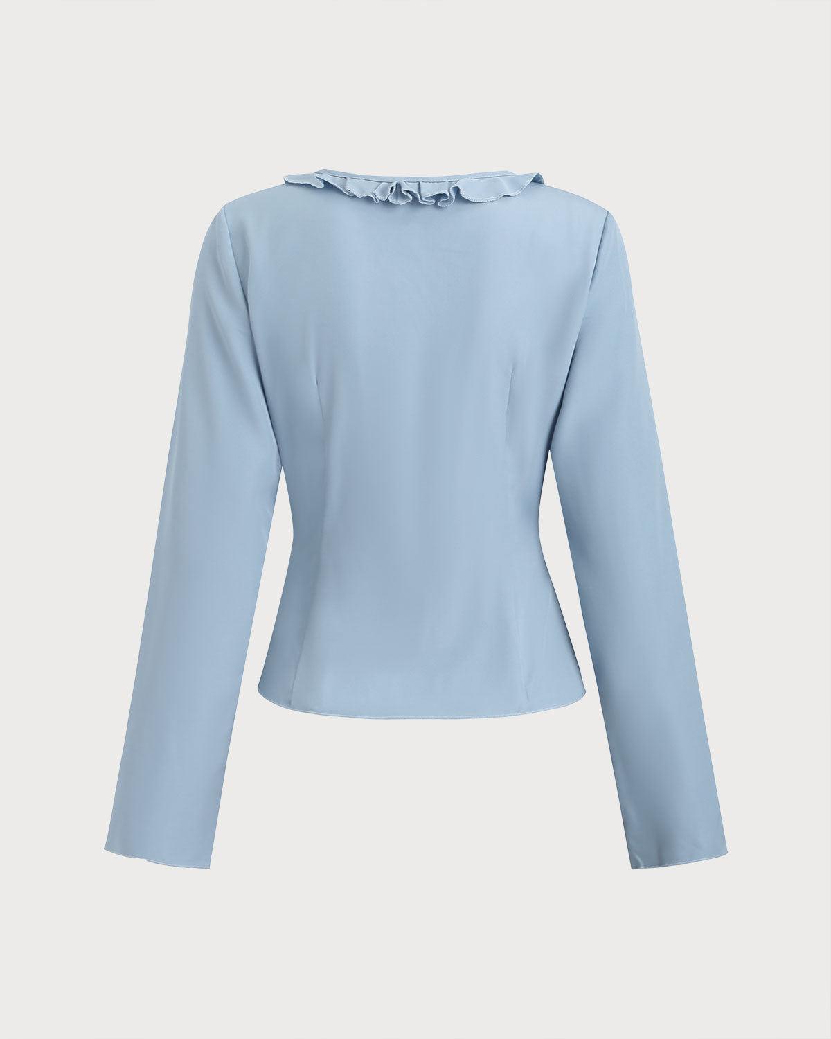 Blue Ruffle V Neck Button Blouse Product Image