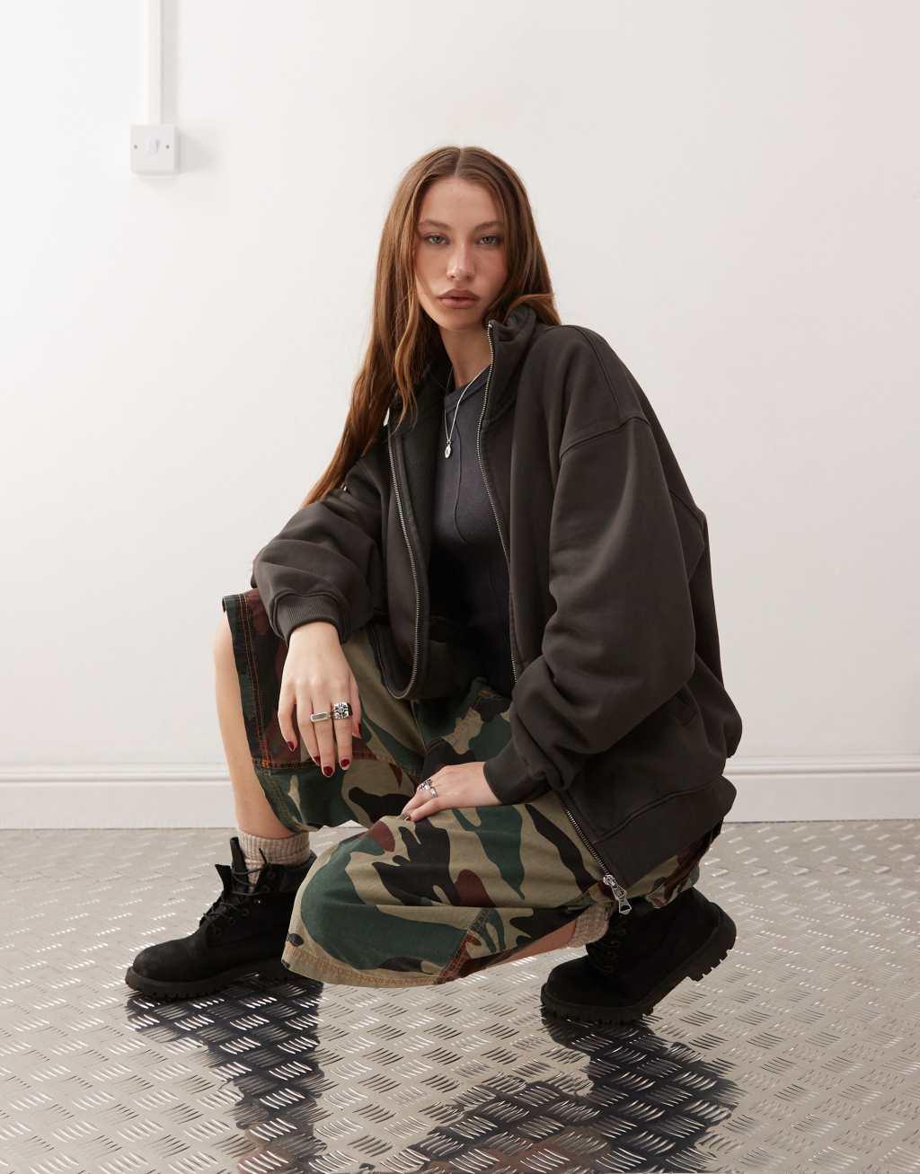 Weekday Jodi zip up funnel neck sweatshirt in dark gray Product Image