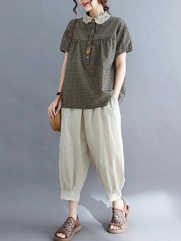 Cotton Blend Plaid Polo Puff Sleeve T-Shirts Tops Product Image