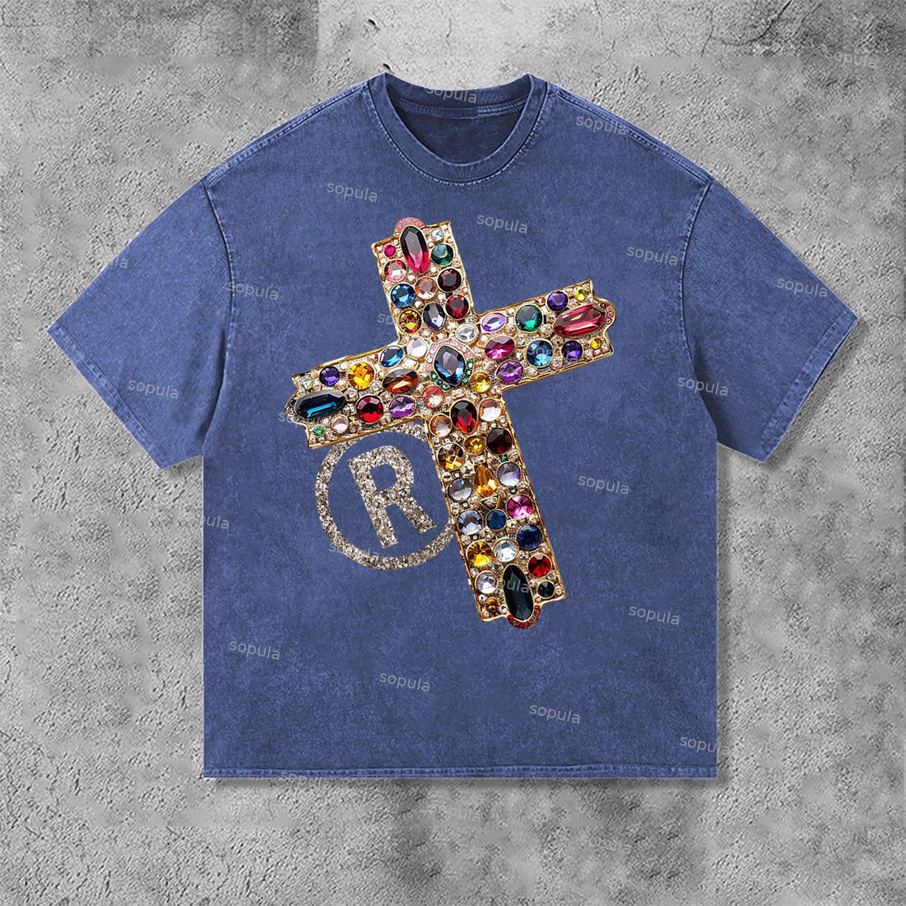 Diamond Cross Graphic Print Casual Acid Washed T-Shirt Product Image