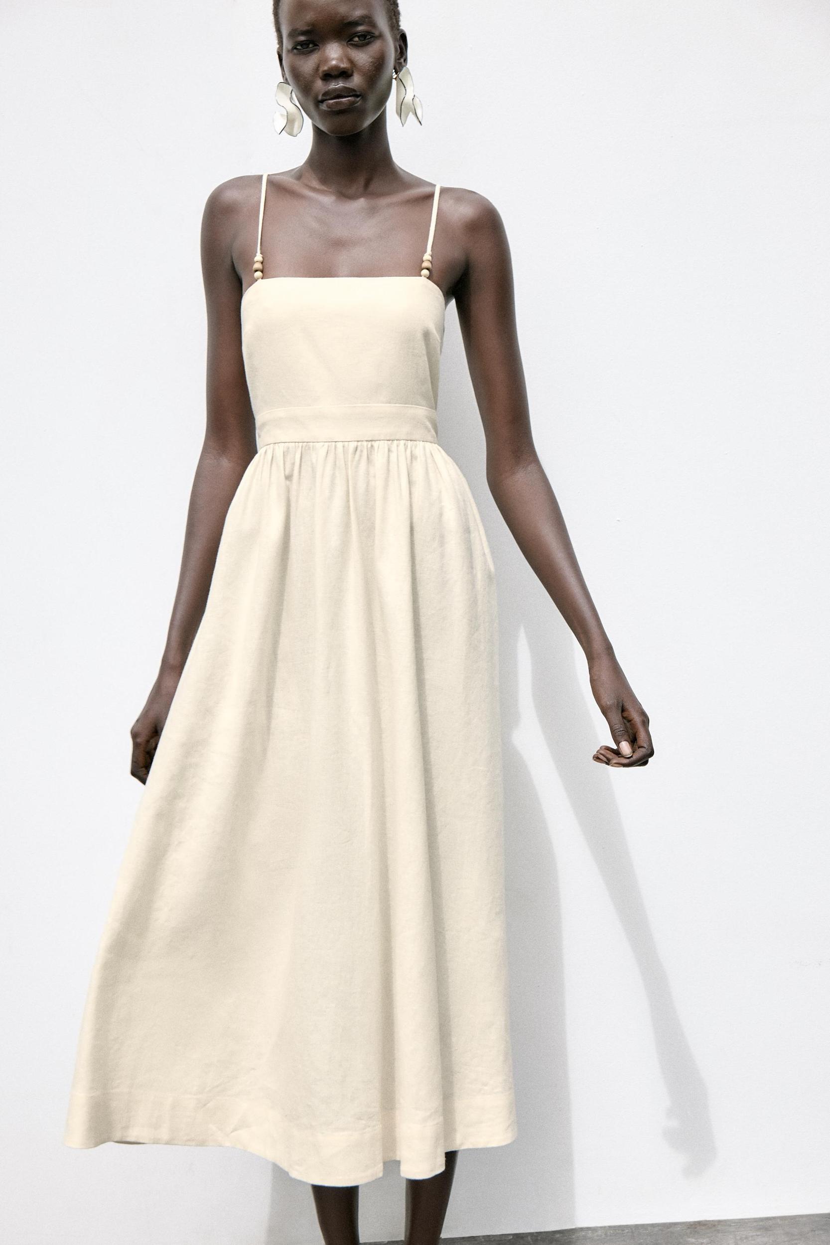 LINEN BEADED STRAP MIDI DRESS Product Image