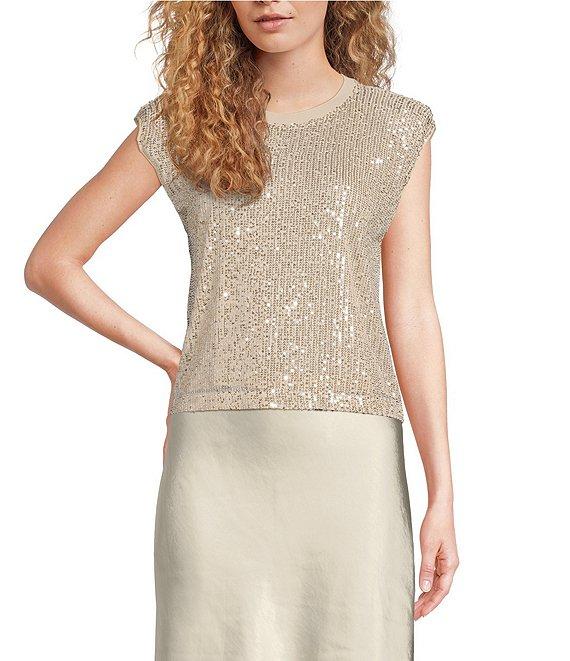 Skies Are Blue Sequin Crew Neck Sleeveless Tank Top Product Image