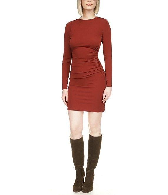 Michael Kors Matte Jersey Crew Neck Long Sleeve Side Ruched Bodycon Dress Product Image
