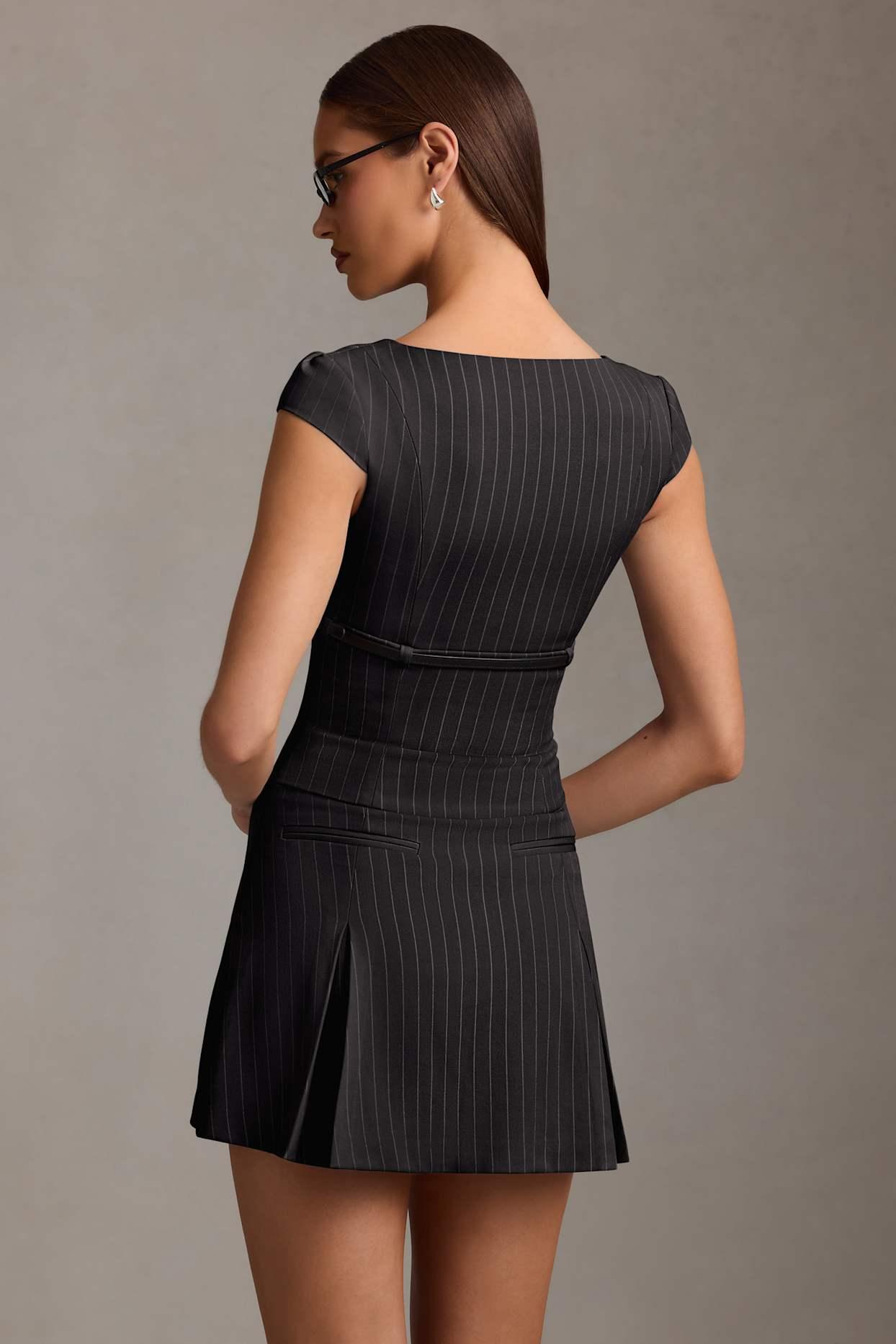 Pinstripe Pleated Waistcoat Mini Dress in Black Product Image