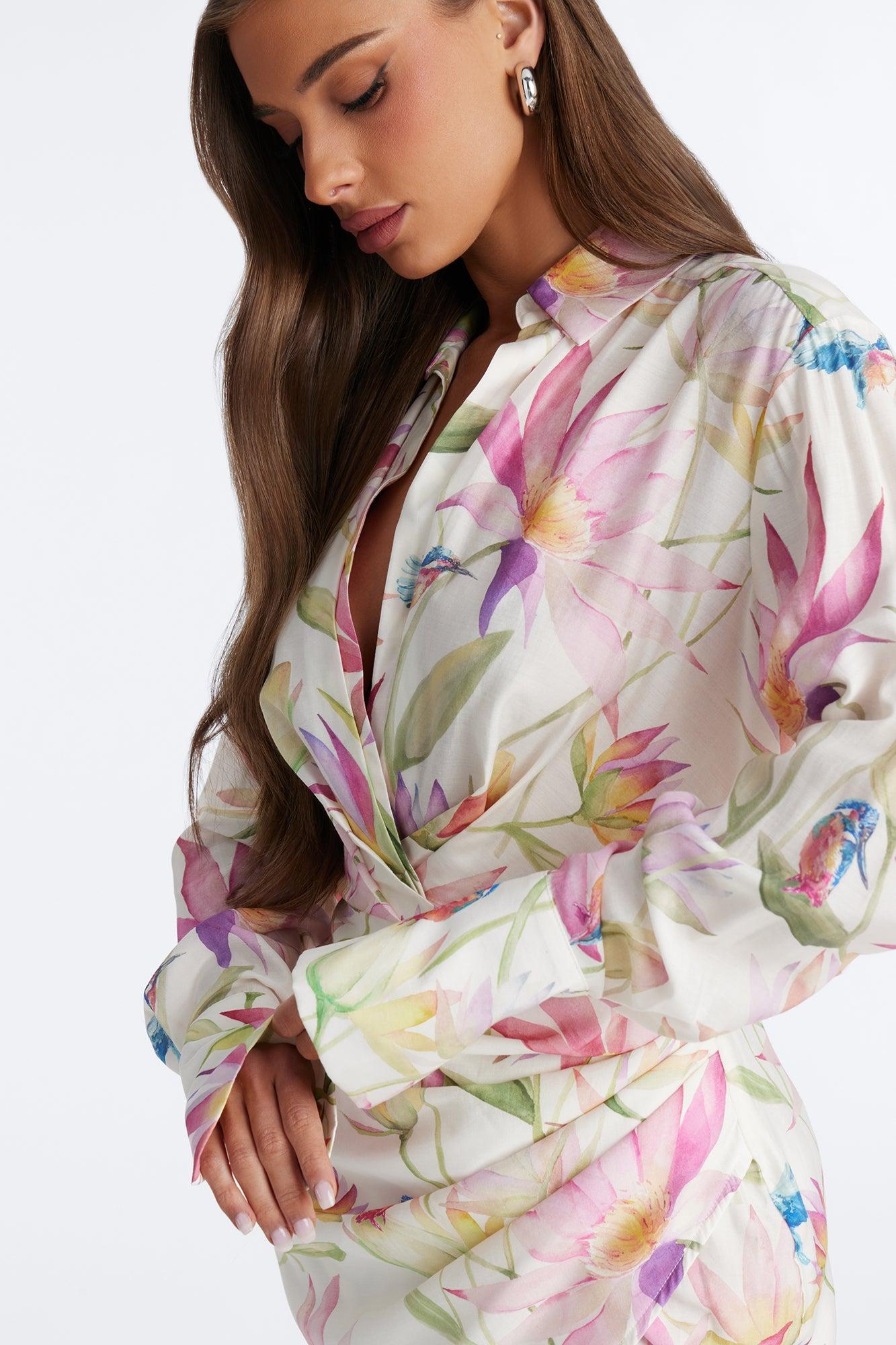 Delilah Floral Long Sleeve Mini Dress - Ivory/combo Female Product Image