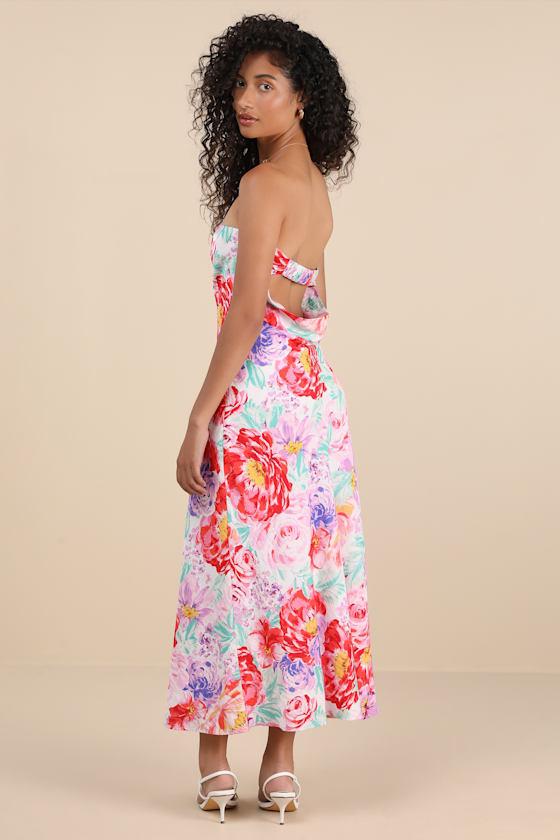 Jianna Ivory Multi Floral Satin Strapless Cowl Back Maxi Dress Product Image