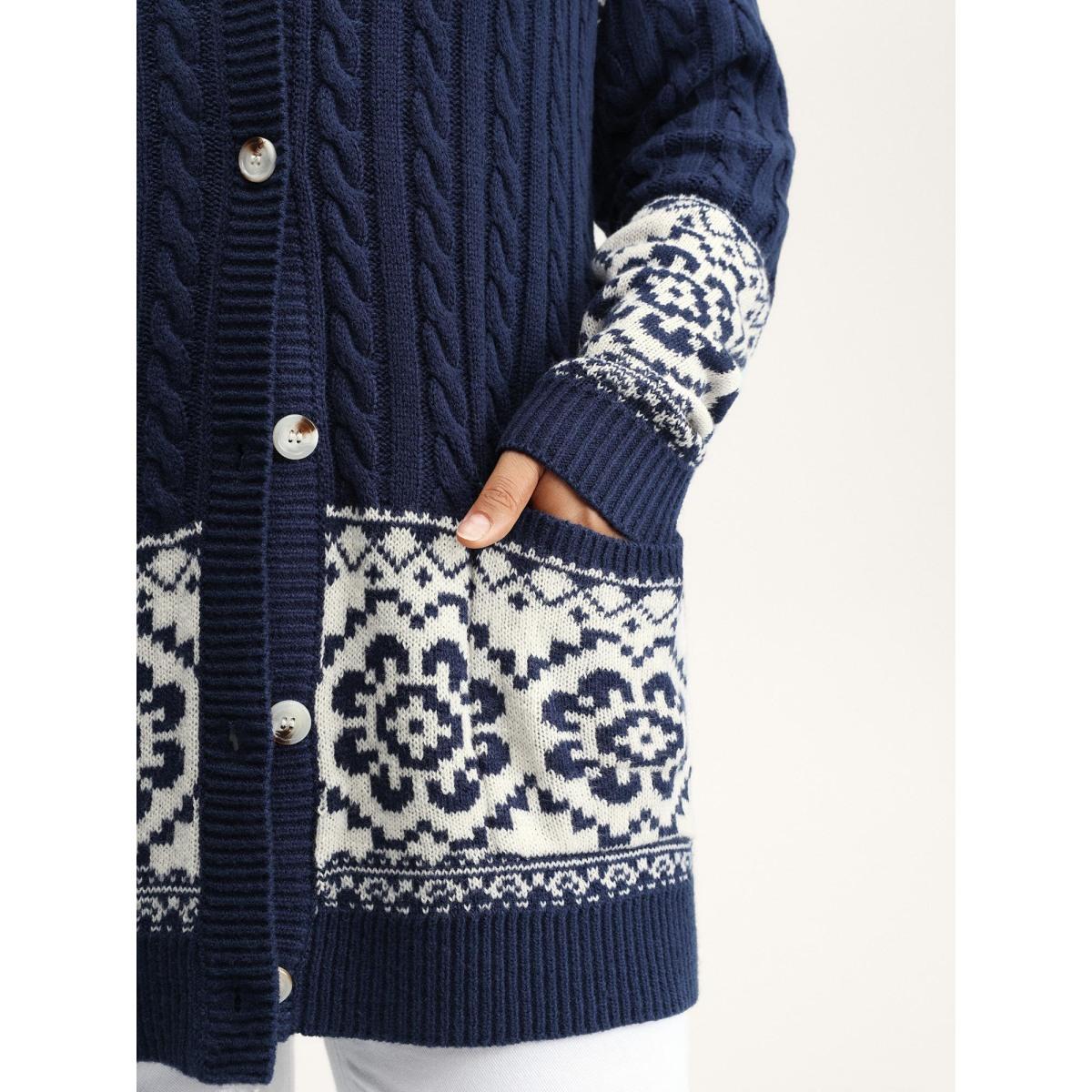 Plus Size Cable Knit Floral Jacquard Pockets Knit Cardigan Indigo Women Leisure Loose Long Sleeve Casual Cardigans BloomChic 22-24/3X Product Image