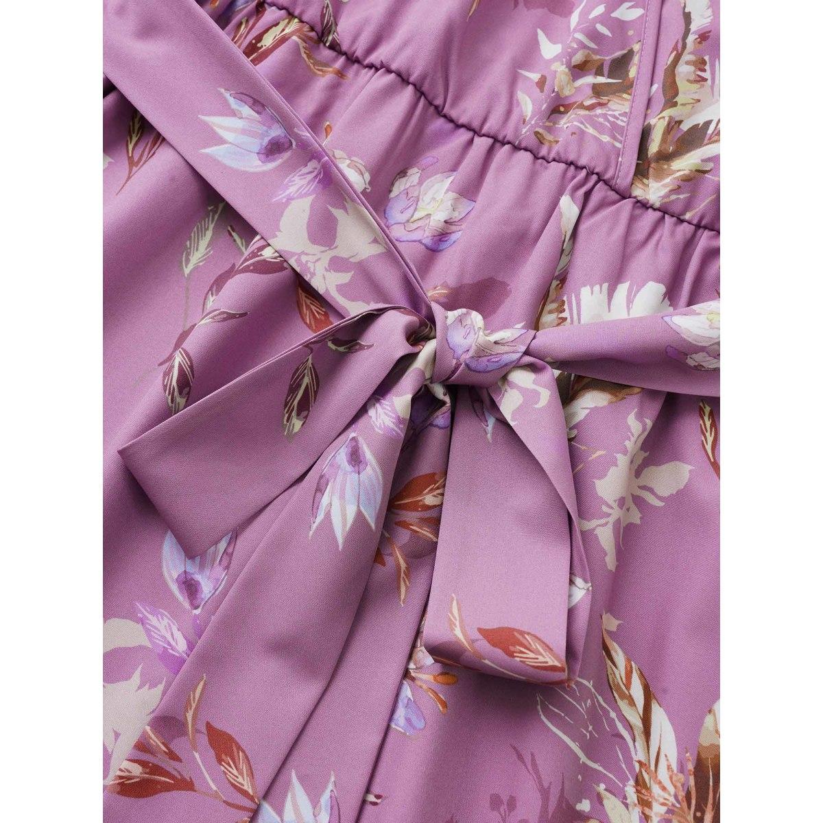 Plus Size Floral Print Pocket Wrap Belted Dress Lilac Women Elegant Non Overlap Collar Short sleeve Curvy Midi Dress BloomChic 22-24/3X Product Image