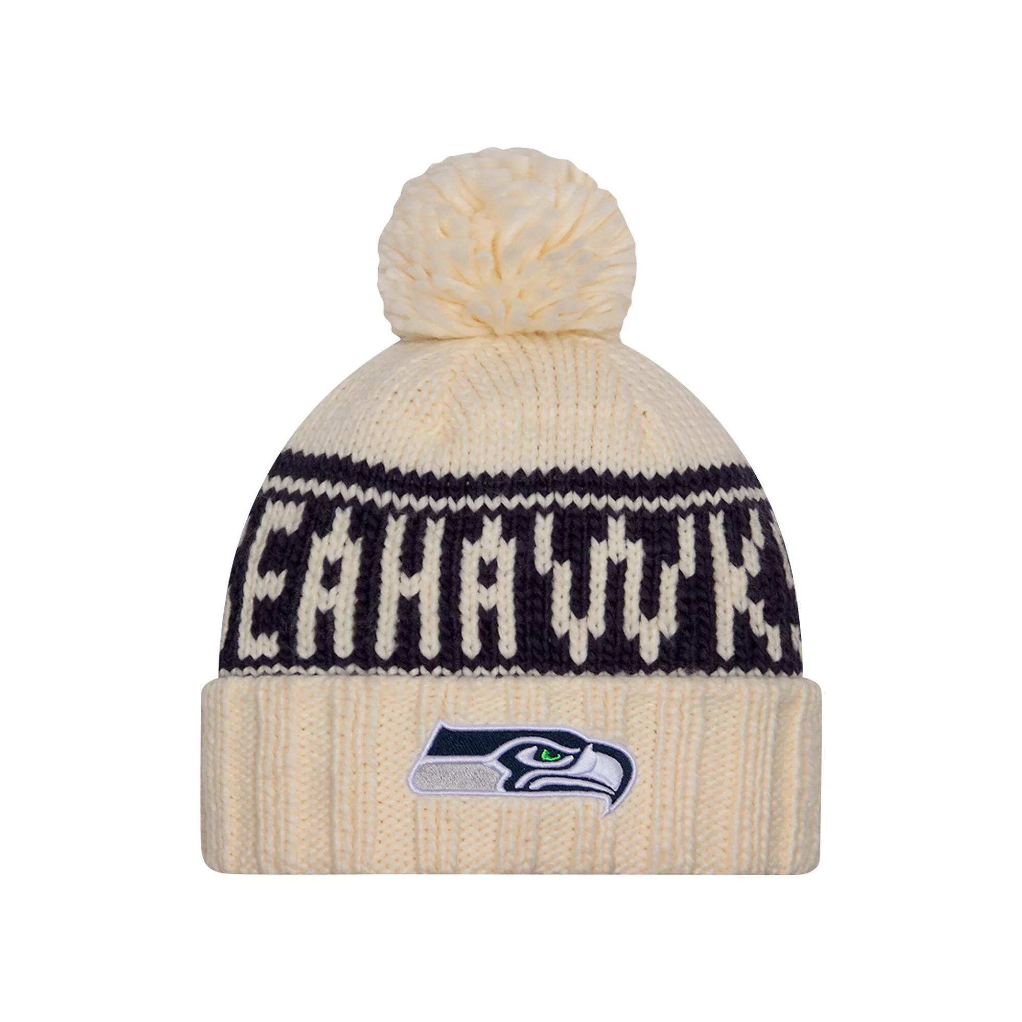 Women's New Era Cream Seattle Seahawks 2024 Sideline Cuffed Knit Hat with Pom, Beige Product Image