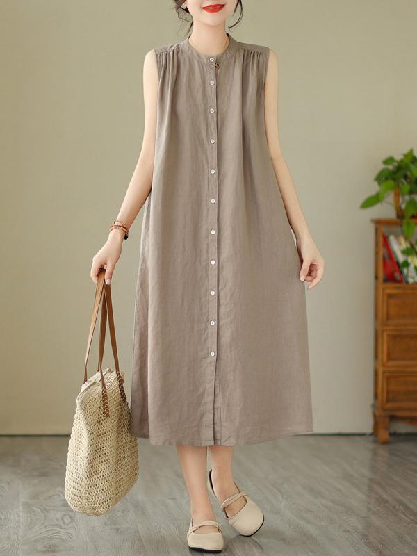 A-Line Sleeveless Buttoned Pleated Solid Color Round-Neck Midi Dresses Product Image
