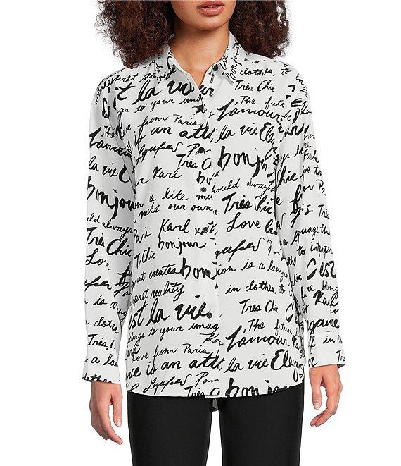 KARL LAGERFELD PARIS Silky Crepe Sketch Print Point Collar Long Sleeve Button-Front Blouse Product Image
