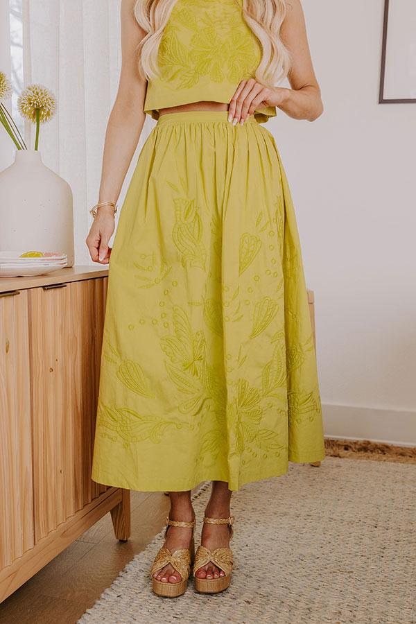 Vacay Bound High Waist Embroidered Midi Skirt in Lime Punch Product Image