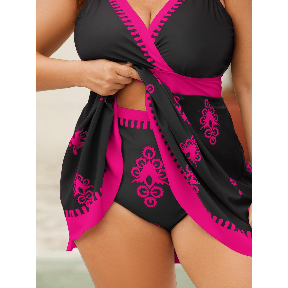 Plus Size Boho Flower Print Surplice Swim Dress Women's Swimwear Rosered Beach Bodycon Overlap Collar High stretch Curve Swim Dresses BloomChic 18-20/2X Product Image