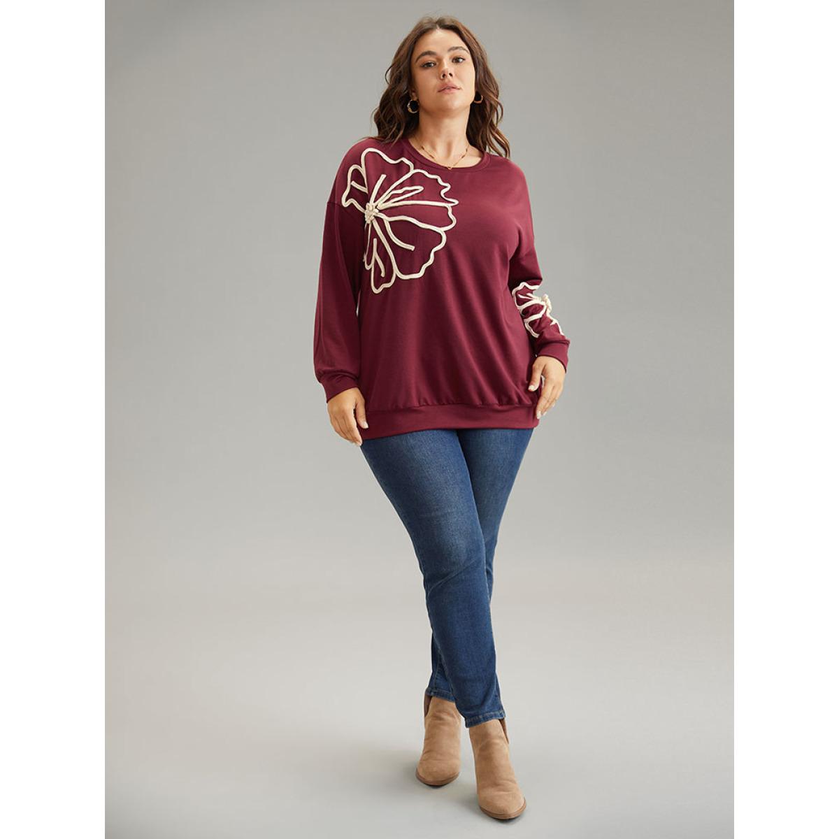 Plus Size 3D Floral Applique Drop Shoulder Sweatshirt Women Burgundy Elegant Contrast Round Neck Dailywear Sweatshirts BloomChic 26/4X Product Image