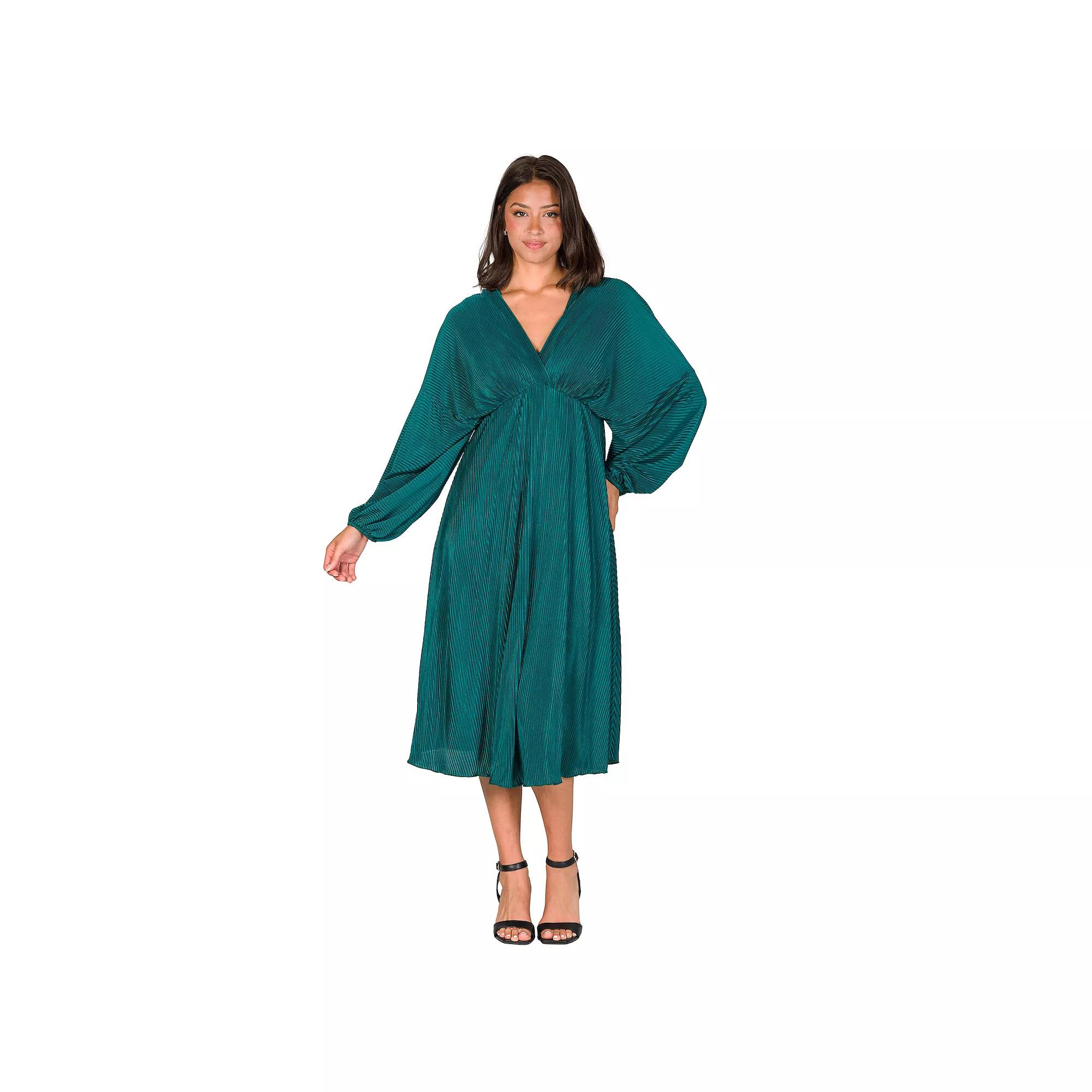 Women's 24Seven Comfort Apparel V-Neck Empire Waist Bishop Sleeve Midi Dress,  Product Image