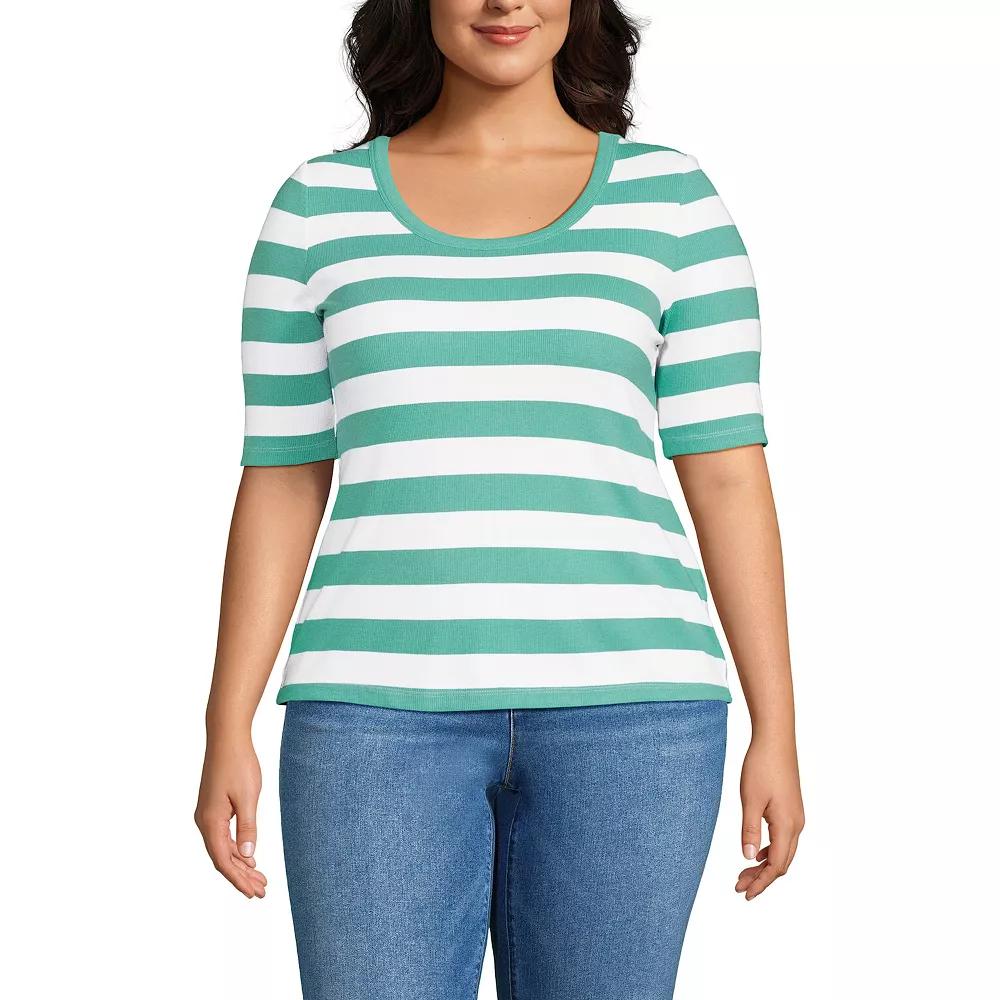 Plus Size Lands' End Drapey Rib Fitted Elbow Sleeve Scoop Neck Tee, Women's, Size: 3XL, Frosted Green Stripe Product Image