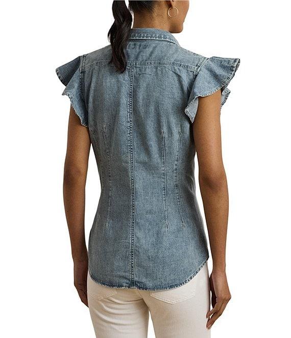Lauren Ralph Lauren Denim Spread Collar Flutter Sleeve Button Front Shirt Product Image