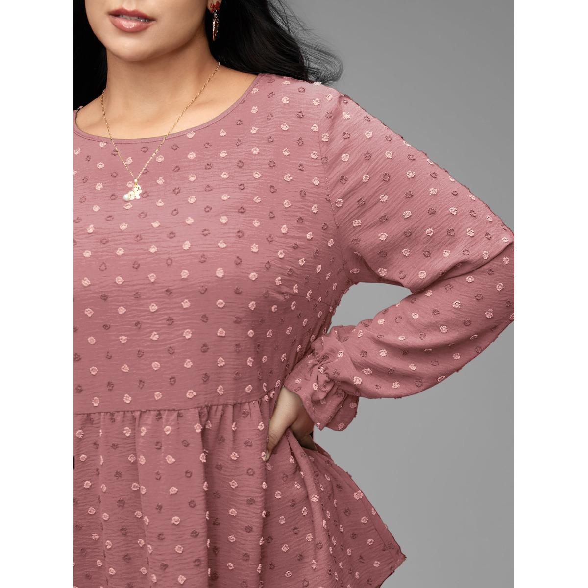 Plus Size Rouge Textured Dot Elastic Cuffs A-line Blouse Women Leisure Long Sleeve Round Neck Casual Blouses BloomChic 10/M Product Image