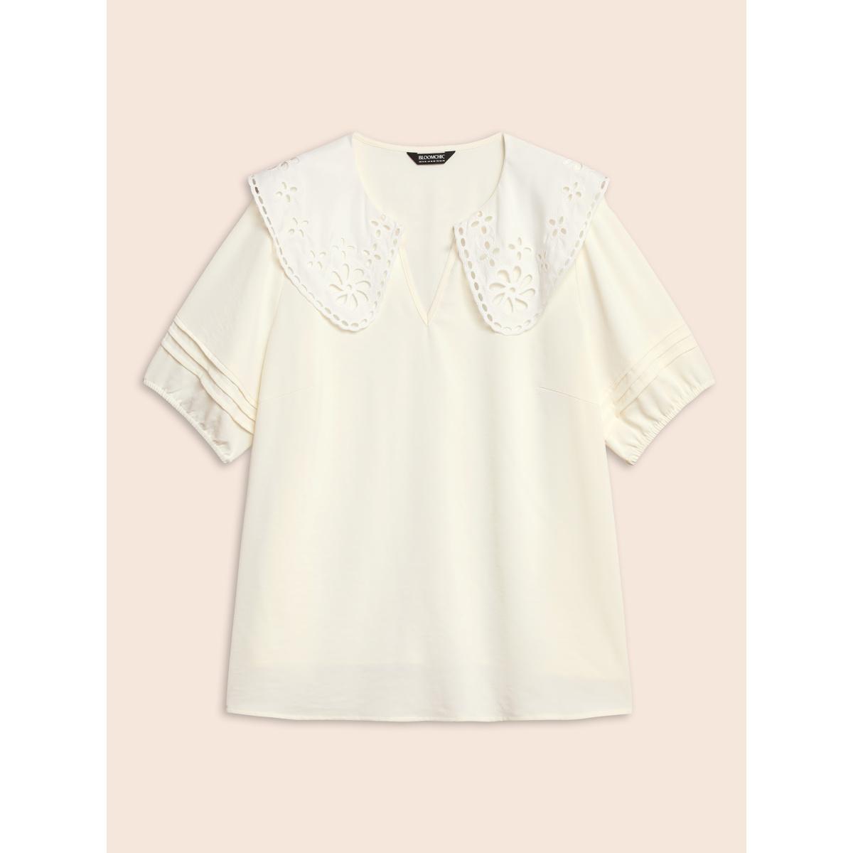 Plus Size Ivory Lace Collar Lantern Sleeve Pleated Blouse Women Resort Short sleeve Lace collar Vacation Blouses BloomChic 30/6X Product Image