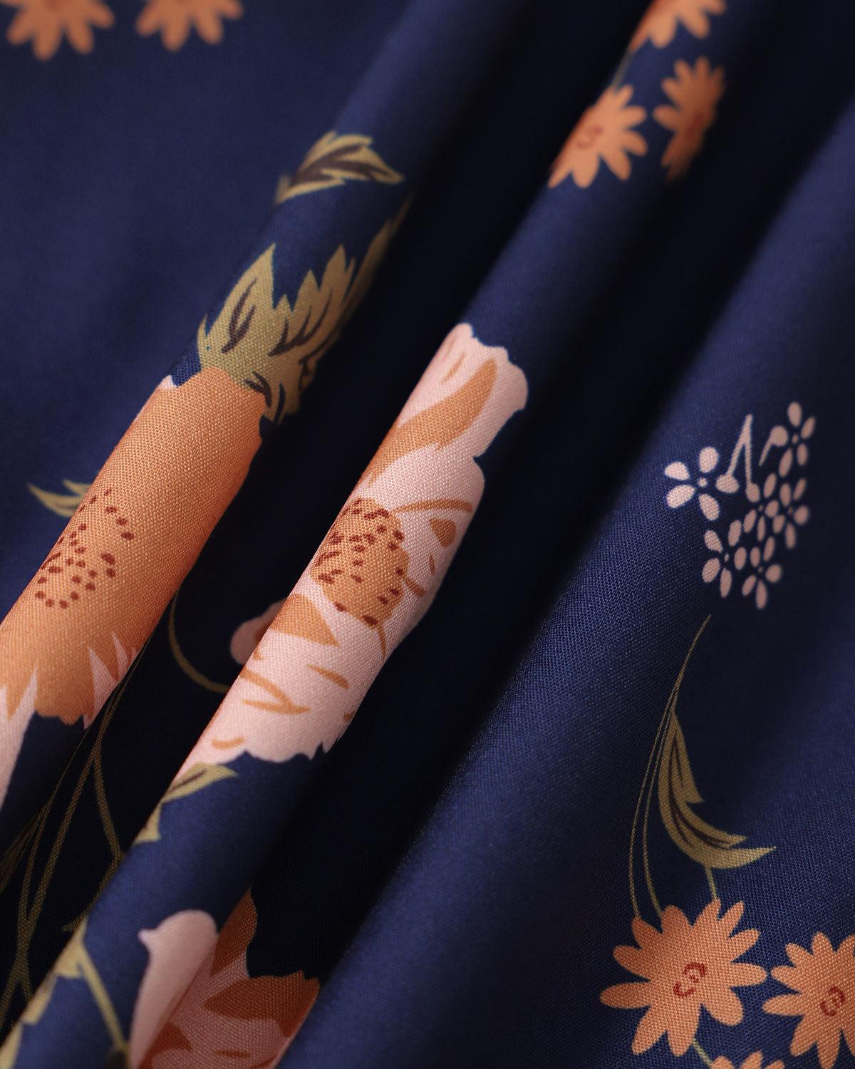 The Navy Lace Up Floral Ruched Midi Dress Product Image