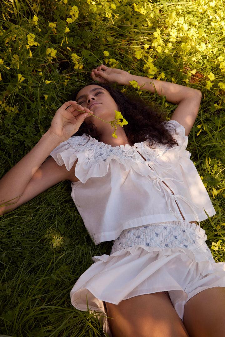 Birdie Bow Smocked Short — White Product Image