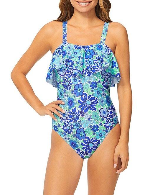 Raisins Venice Beach La Playa Floral Square Neck Ruffle One Piece Swimsuit Product Image