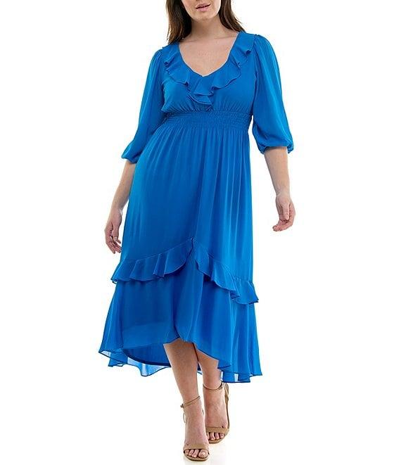 Moda Tara Plus Size 3/4 Sleeve Tiered Ruffled Smocked Chiffon Midi Dress Product Image