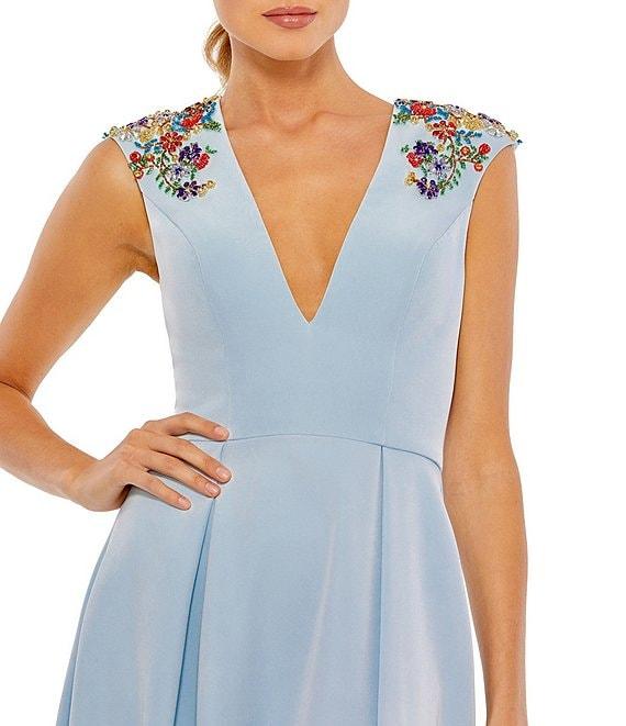 Mac Duggal Beaded Shoulder Deep V-Neck Cap Sleeve Thigh High Slit A-Line Gown Product Image