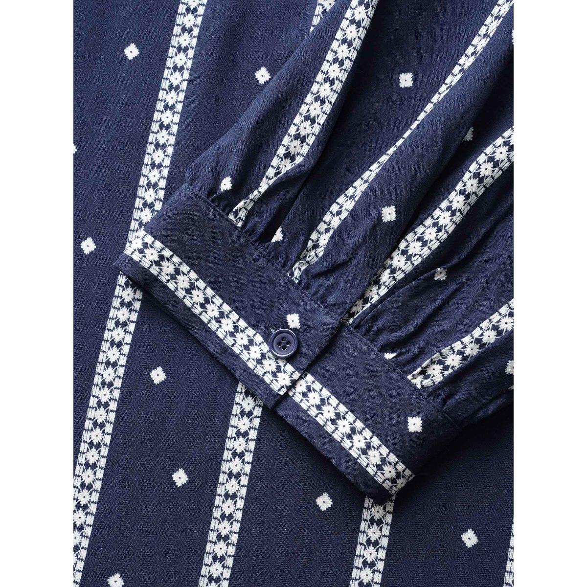 Plus Size Indigo Striped Geometric Notched Gathered Blouse Women Resort Elbow-length sleeve Notched collar Vacation Blouses BloomChic 22-24/3X Product Image