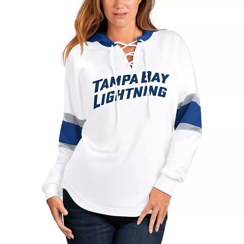 Women's G-III 4Her by Carl Banks White/Blue Tampa Bay Lightning Goal Zone Long Sleeve Lace-Up Hoodie T-Shirt, Size: Small, Lgh White Product Image