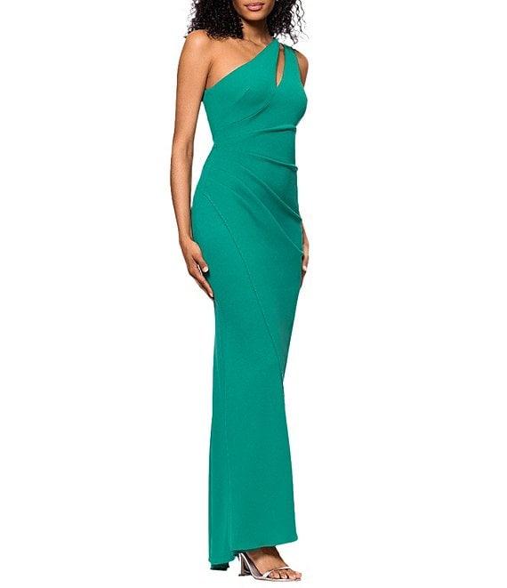 Betsy & Adam One Shoulder Split Neck Sleeveless Ruched Gown Product Image